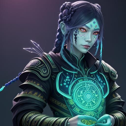 Artwork depicting plants with integrated electronic components and glowing bioluminescent patterns.
Chinese woman with t...