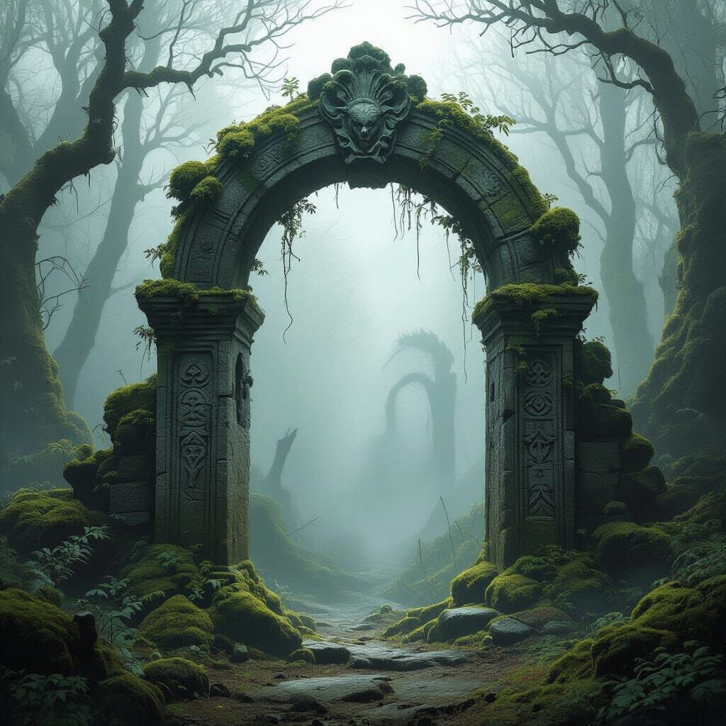 Mystical Stone Archway in Dark Fantasy Forest