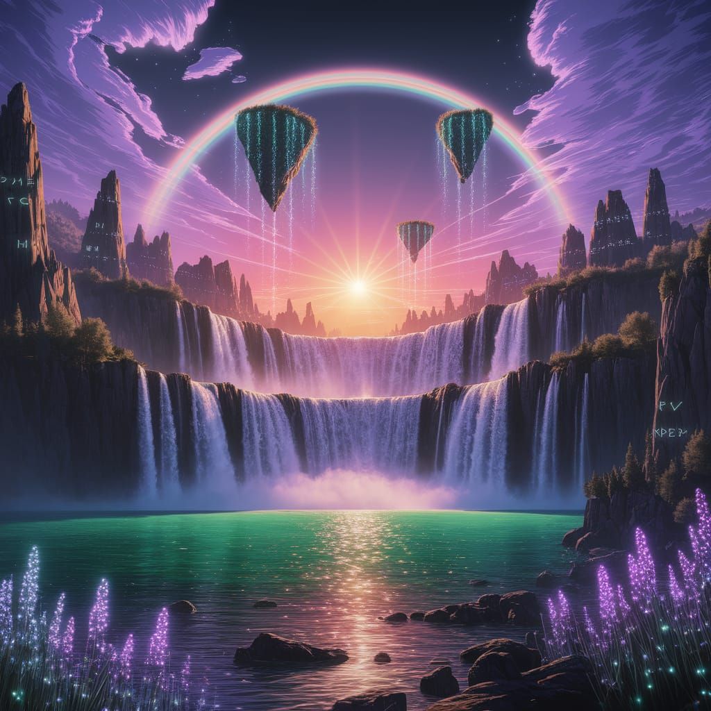 Spectacular Sunrise Over Bioluminescent Waterfall