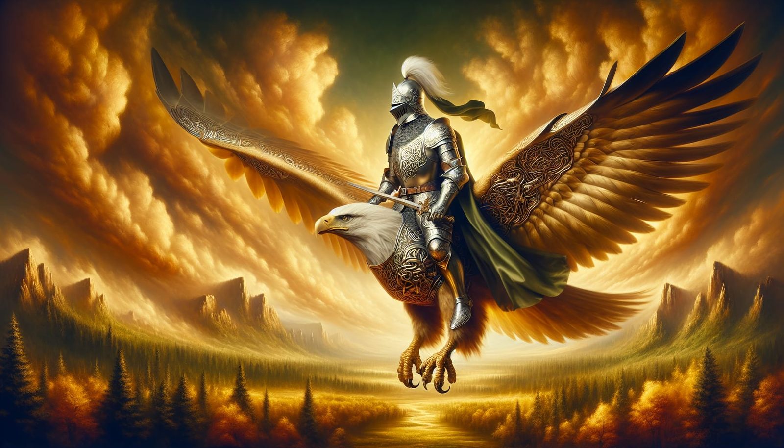 Knight on Golden Eagle Soaring Over Forest