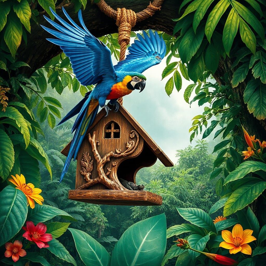 Macaw Soaring Above Birdhouse in Amazon Rainforest