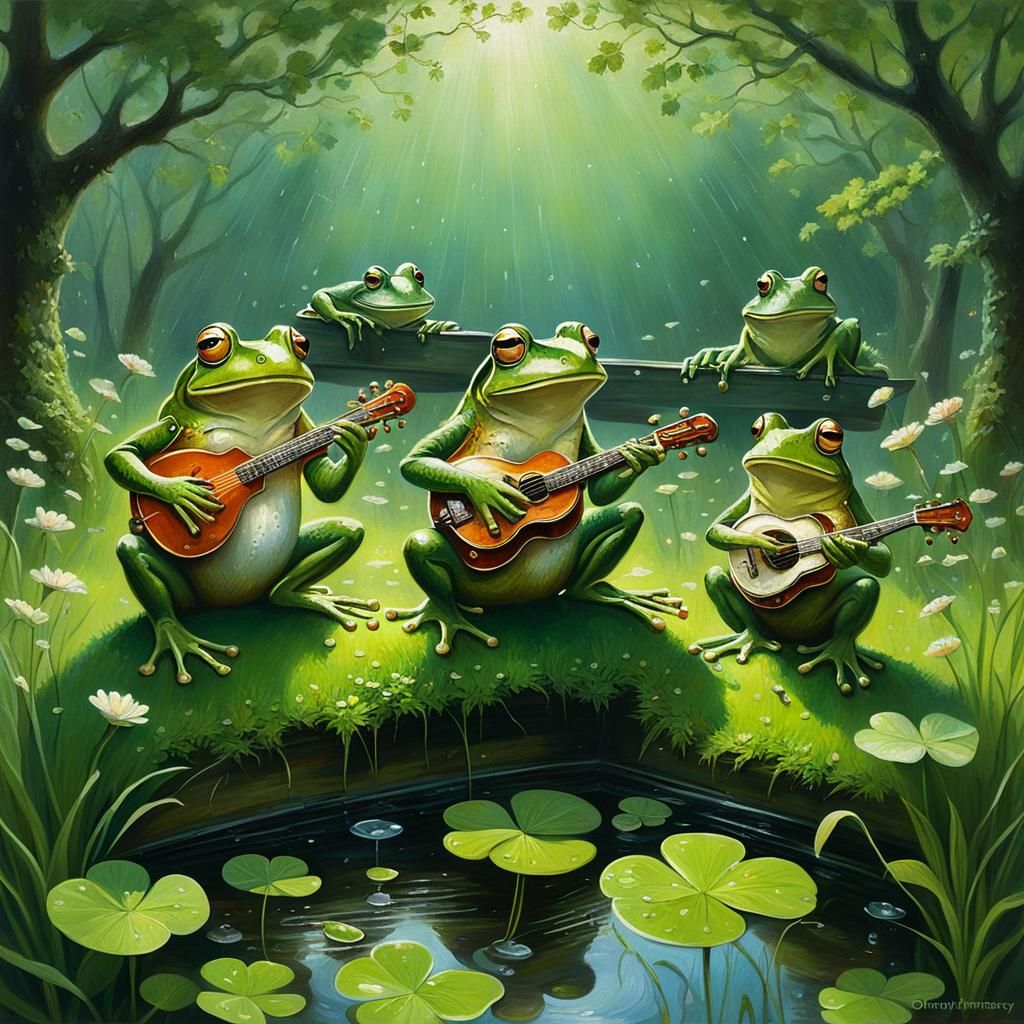 Musical Frogs in Clover Garden, Oil Painting