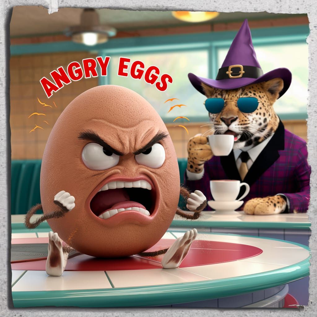 Angry Egg Cartoon in Fifties Diner Scene