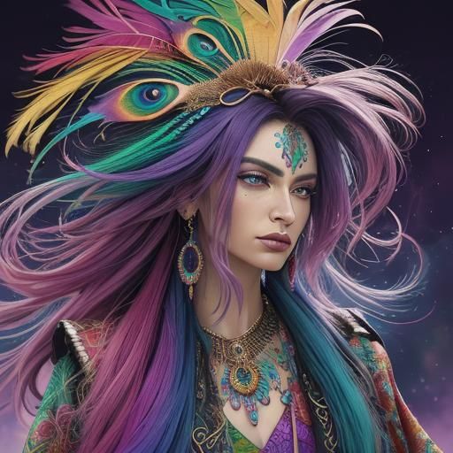 Woman with Rainbow Dragon Serpent, Oil Painting