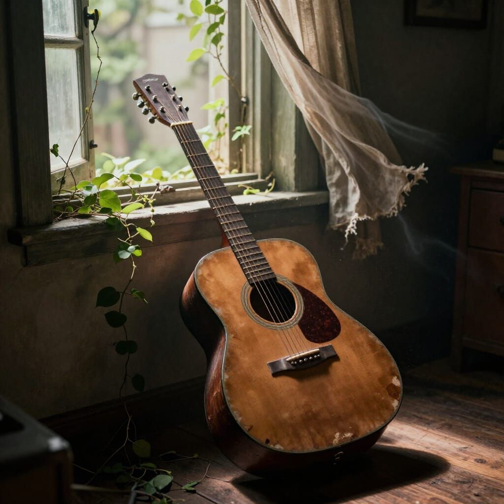 Broken Acoustic Guitar in Dusty Room, Cinematic Lighting