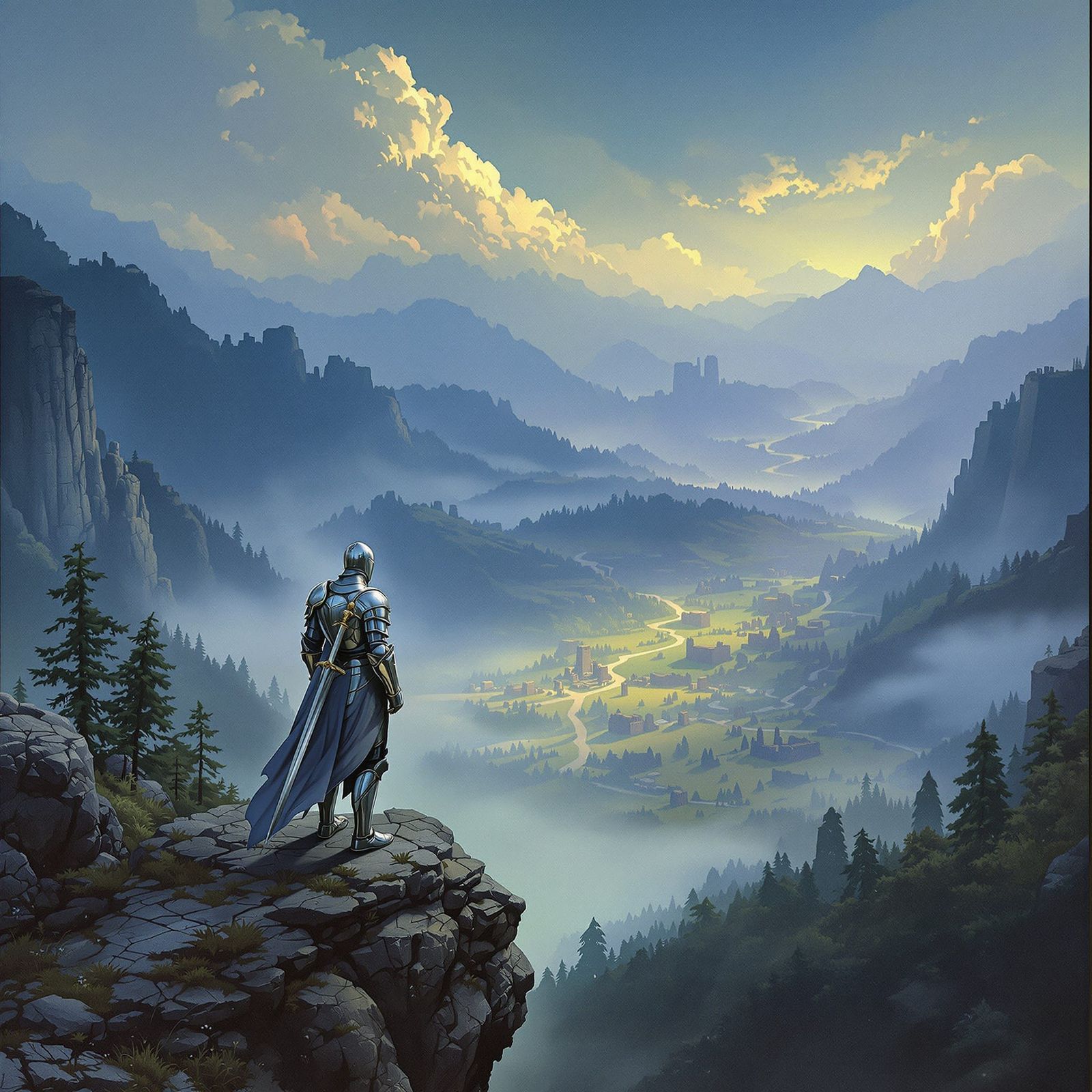 Knight on Windswept Cliff in Pre-Raphaelite Style