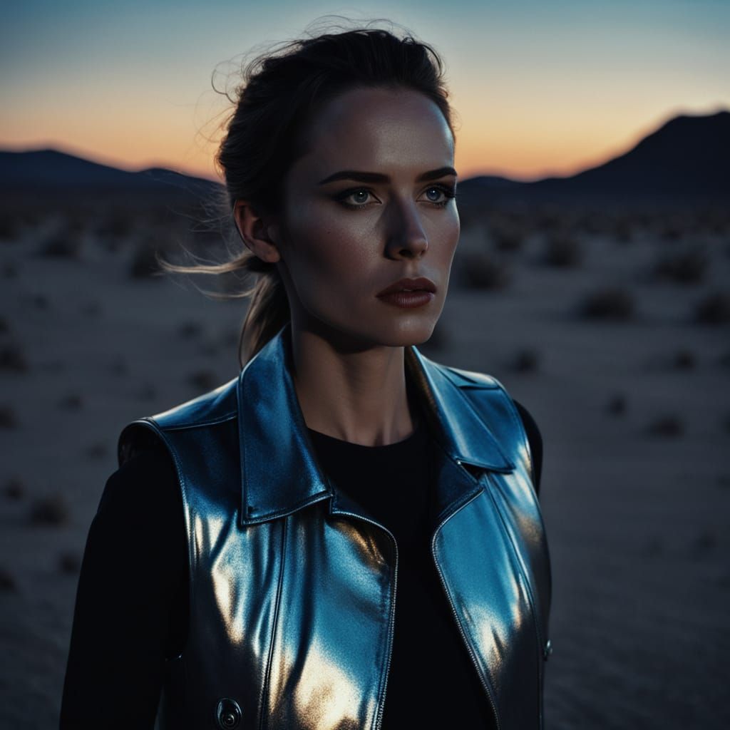 Woman in Metallic Vest Walking Through Desert at Night