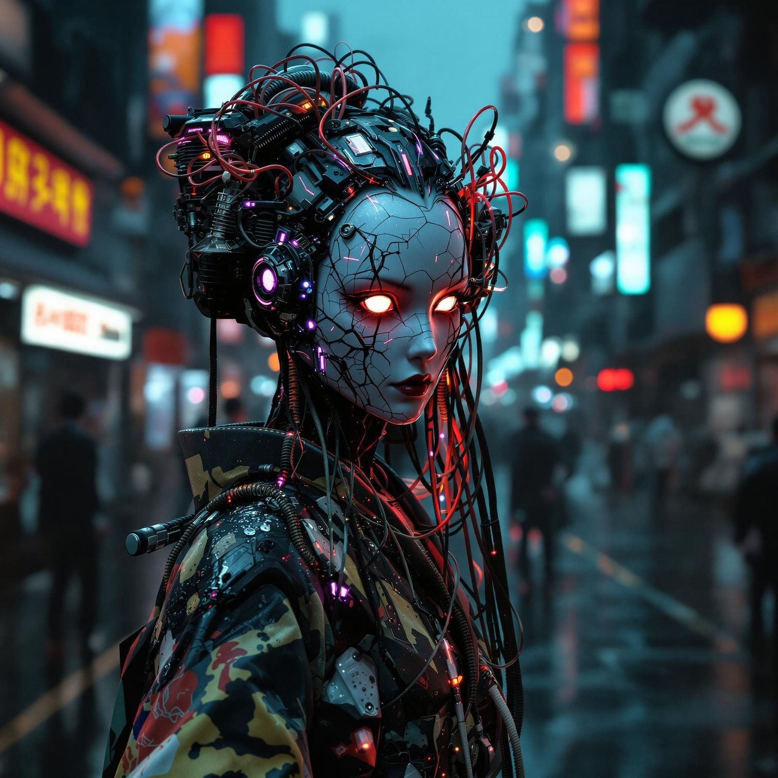 Cyberpunk Geisha with Neon Eyes in Tokyo