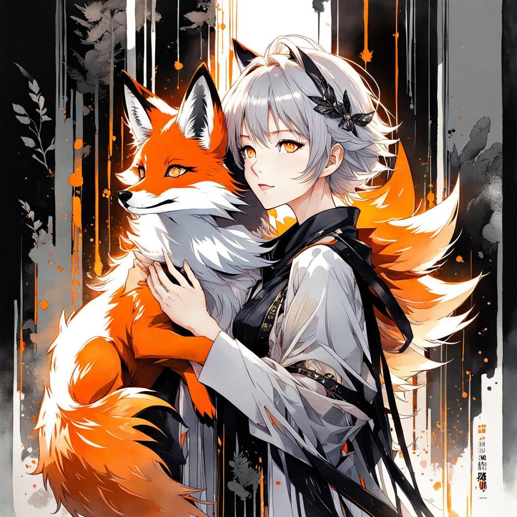 Anime Girl and Fox Portrait in Watercolor Style