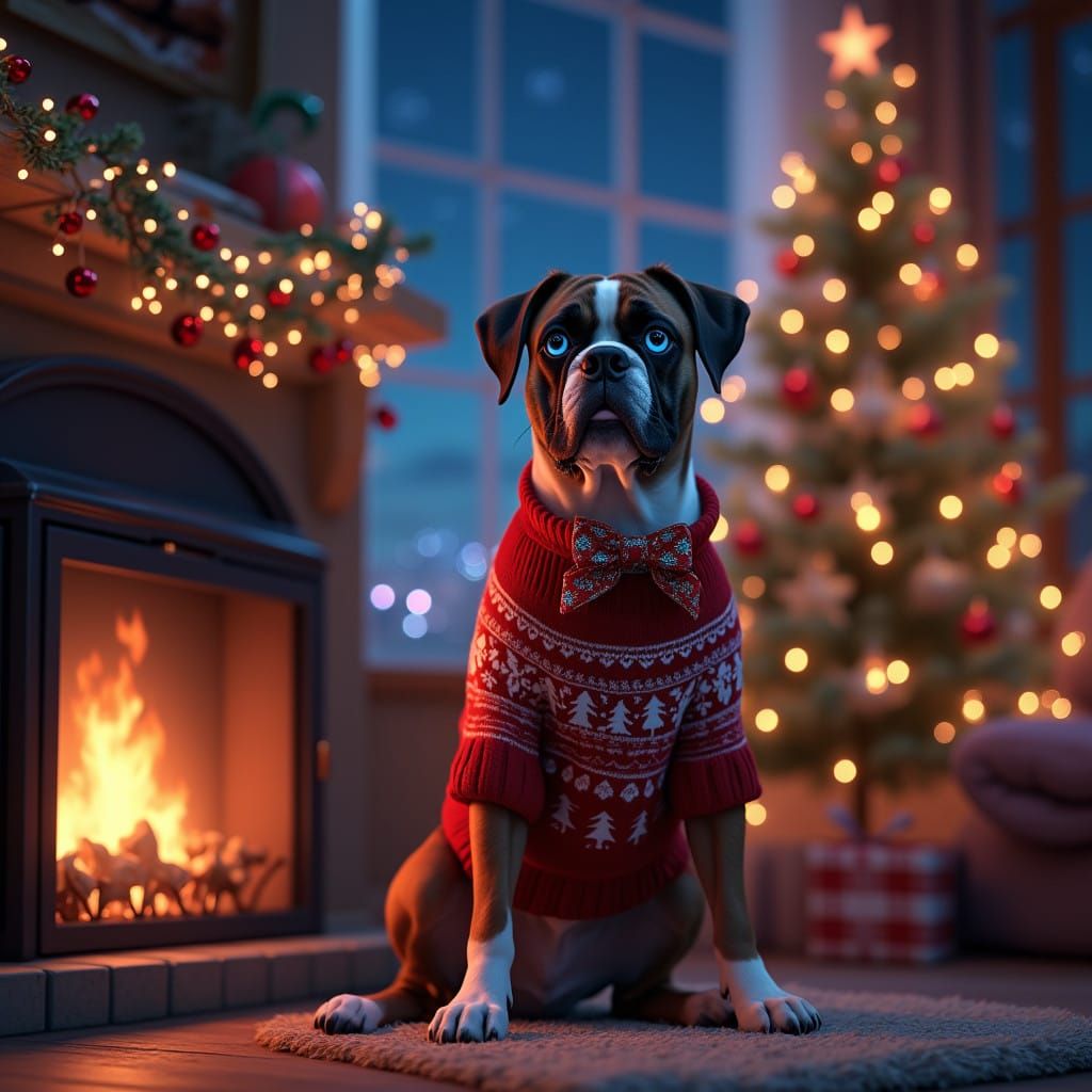 Vibrant Christmas Scene with Boxer Dog