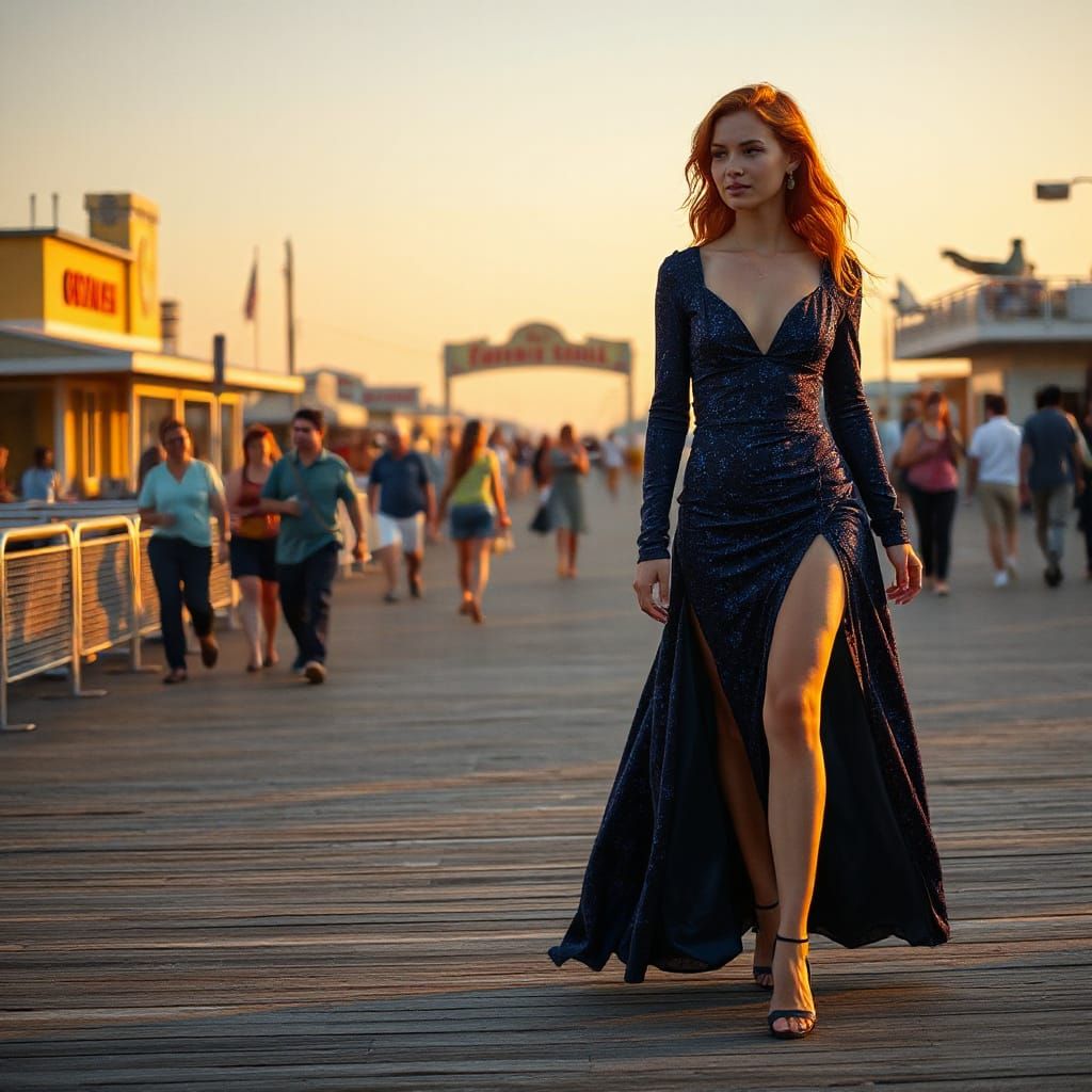 Young Woman in Gown on Crowded Boardwalk at Sunset