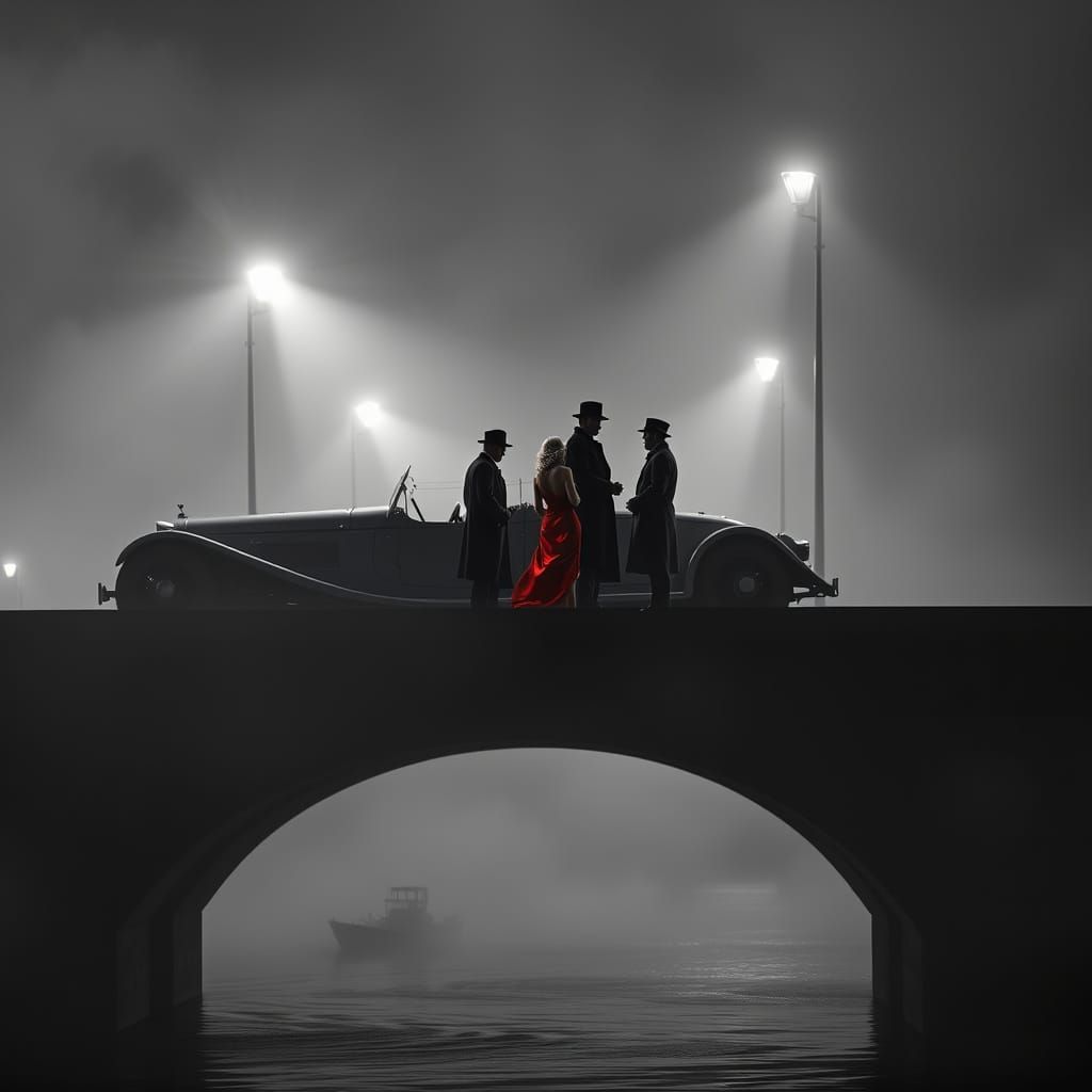 Film Noir Mystery Unfolds on a Chilled, Dark River Bridge