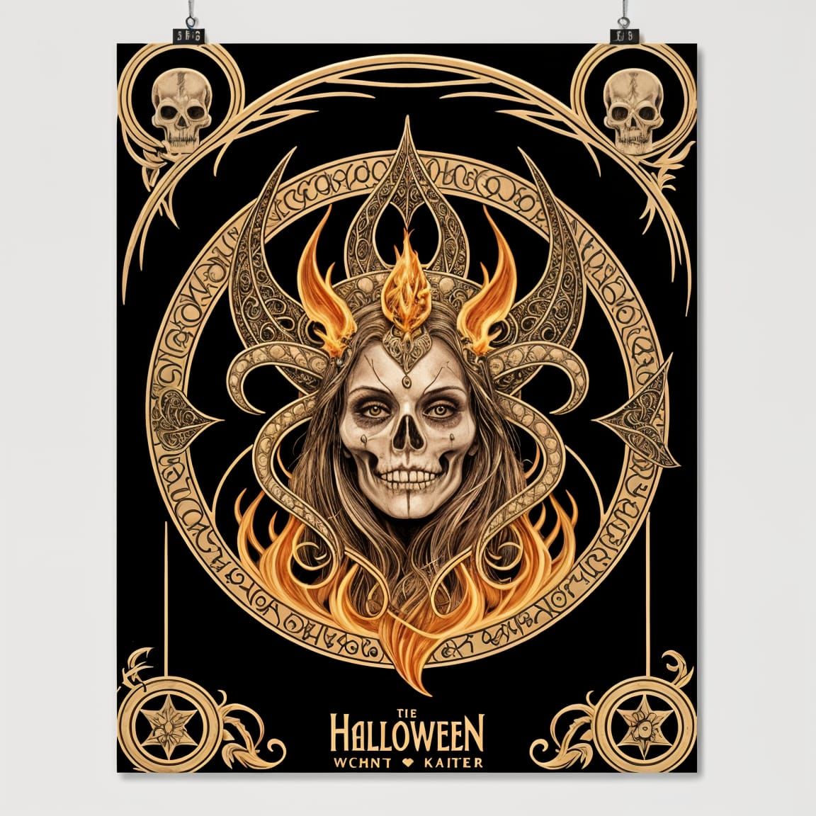 Halloween Witch Skull and Fire in Mucha Style