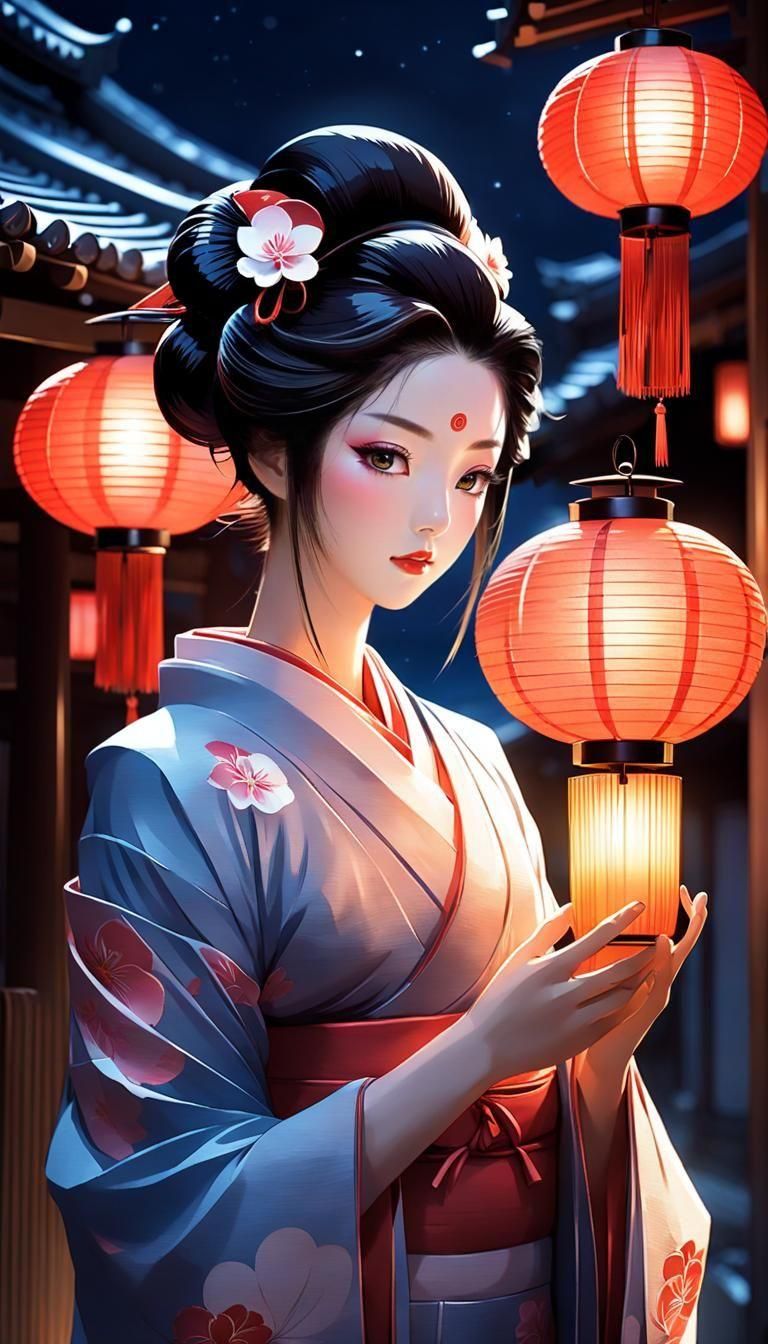Lantern Geisha in Anime Style Digital Illustration