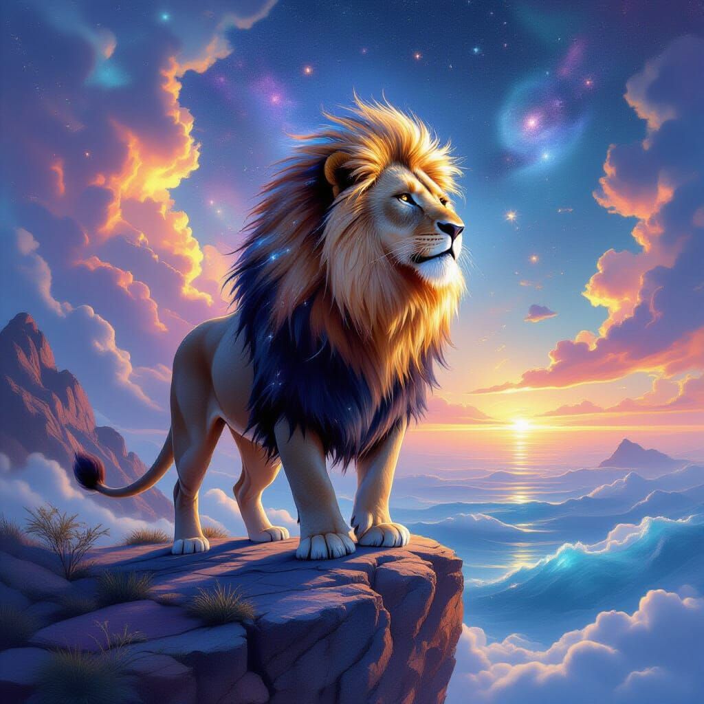 Cosmic Lion on Crystalline Outcrop in Painterly Style