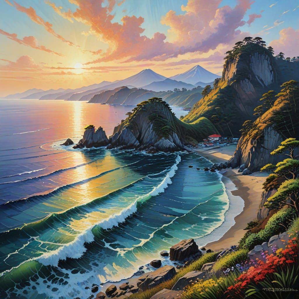 Sunrise Over Suruga Bay: Impasto Gouache Masterpiece