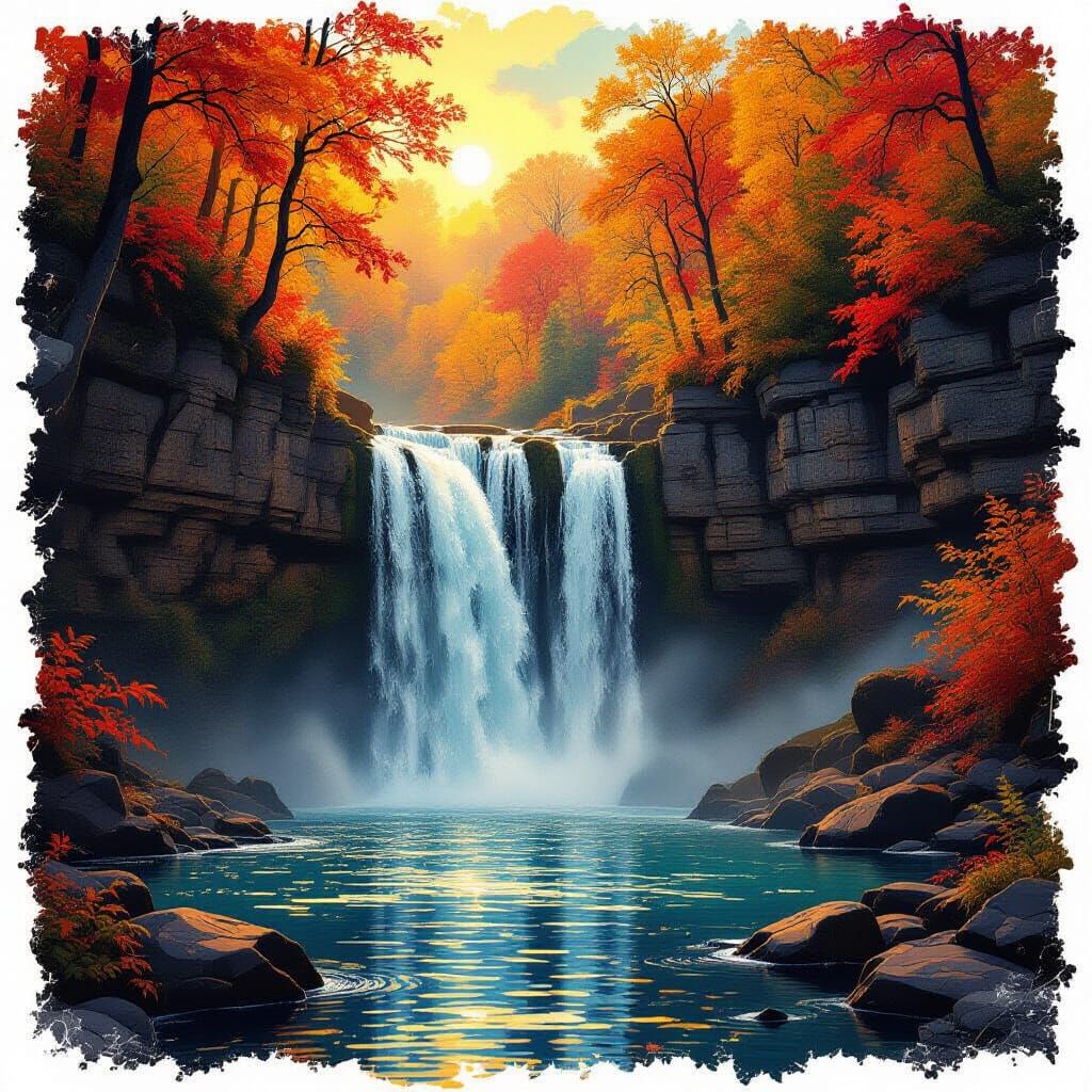 Majestic Autumn Waterfall in Golden Hour Light