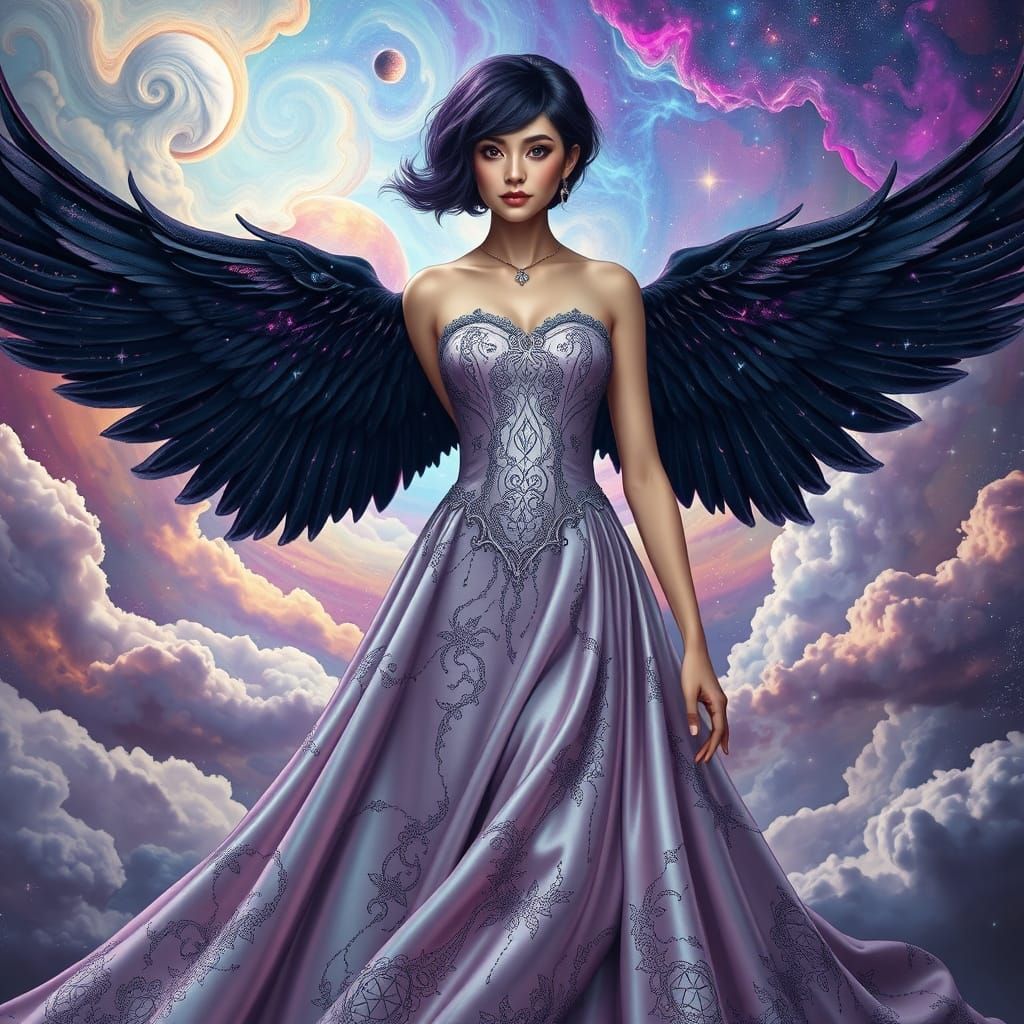 Surreal Space Queen with Dark Purple Hair and Black Angel Wi...