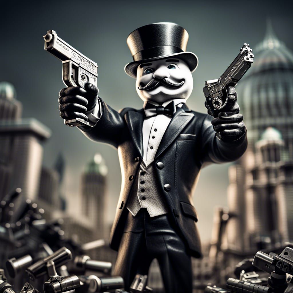 Monopoly Man with Guns: Hyperrealistic Render