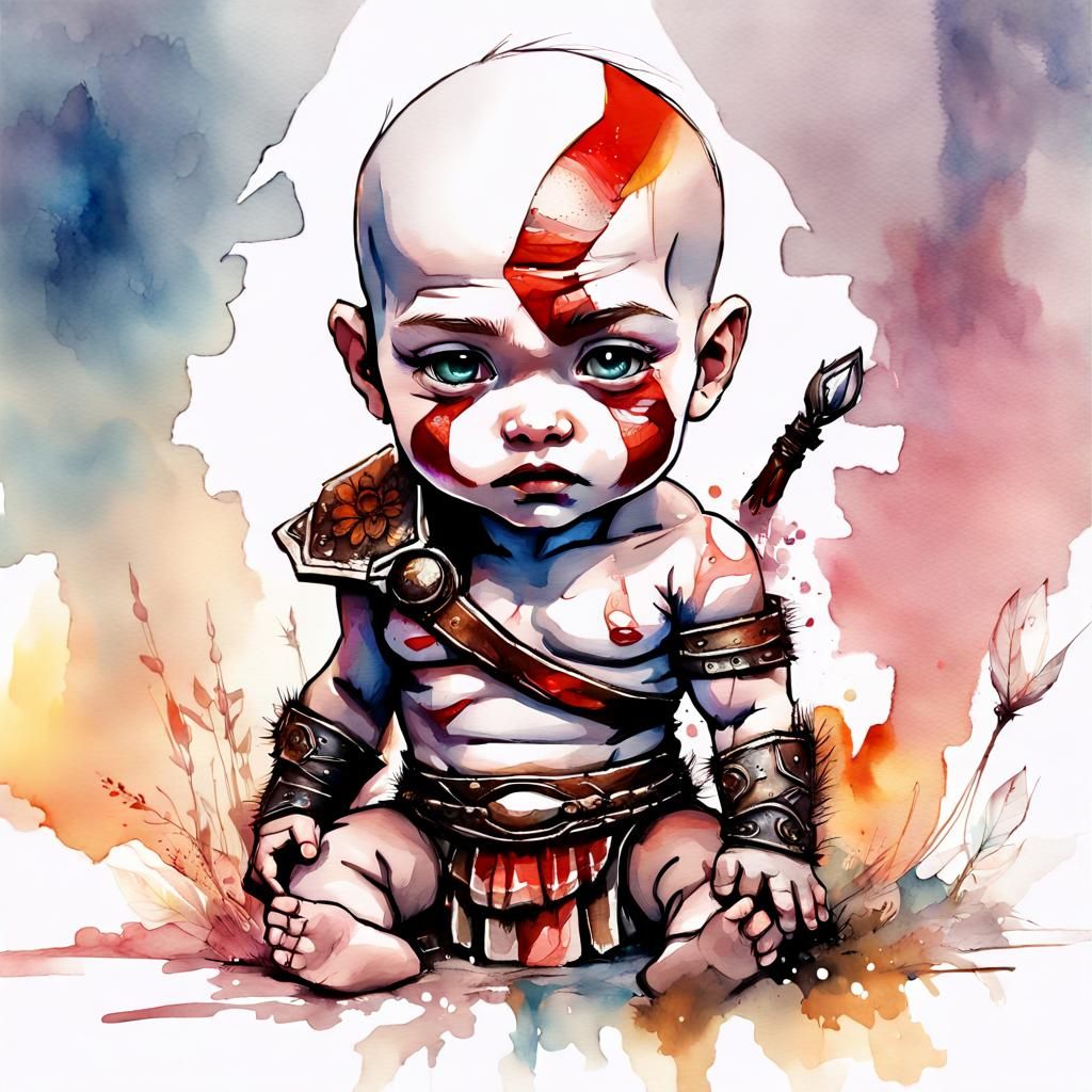 Cute Chibi Baby Kratos in Watercolor Art