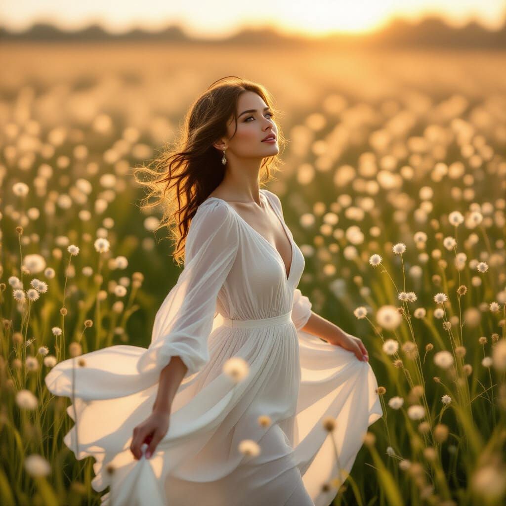 Ethereal Woman in Grassflower Field, Digital Art