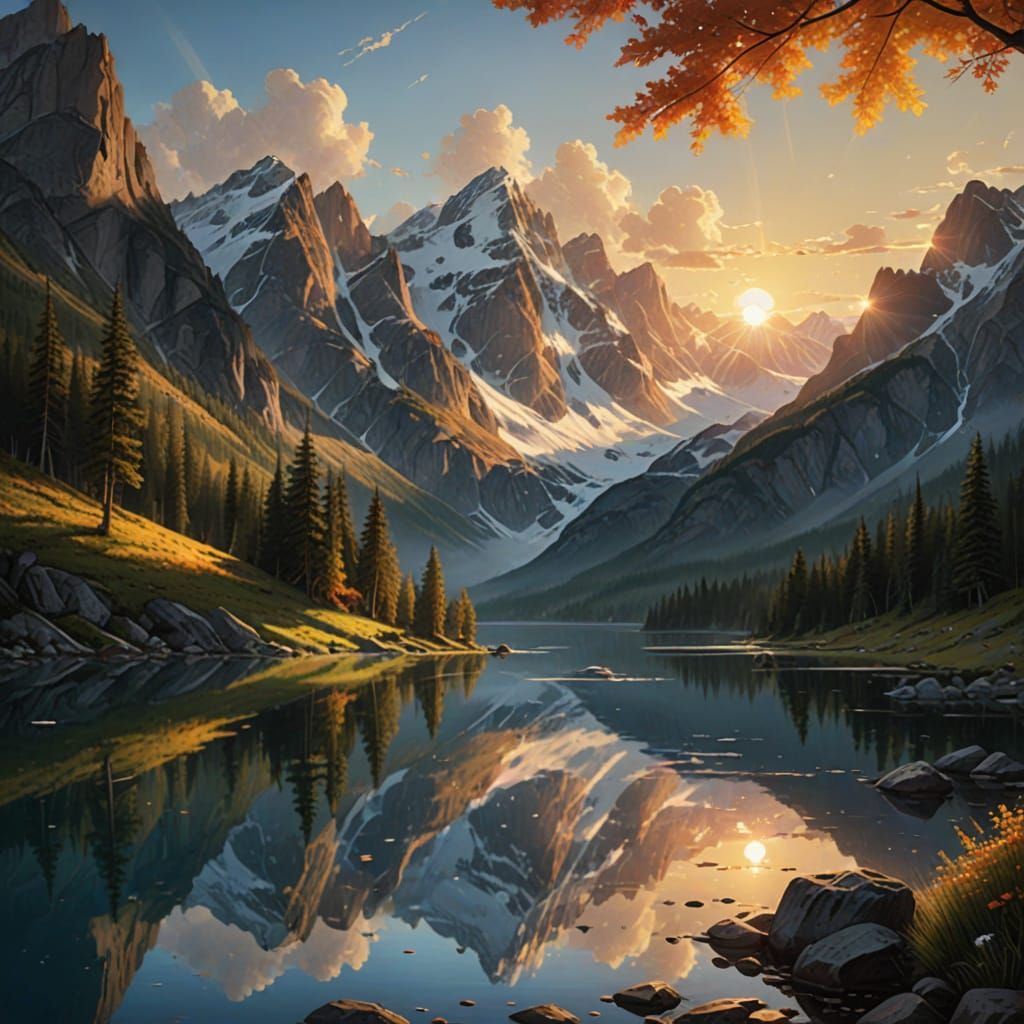 Serene Mountain Lake at Dawn: A Hyperrealistic Painting