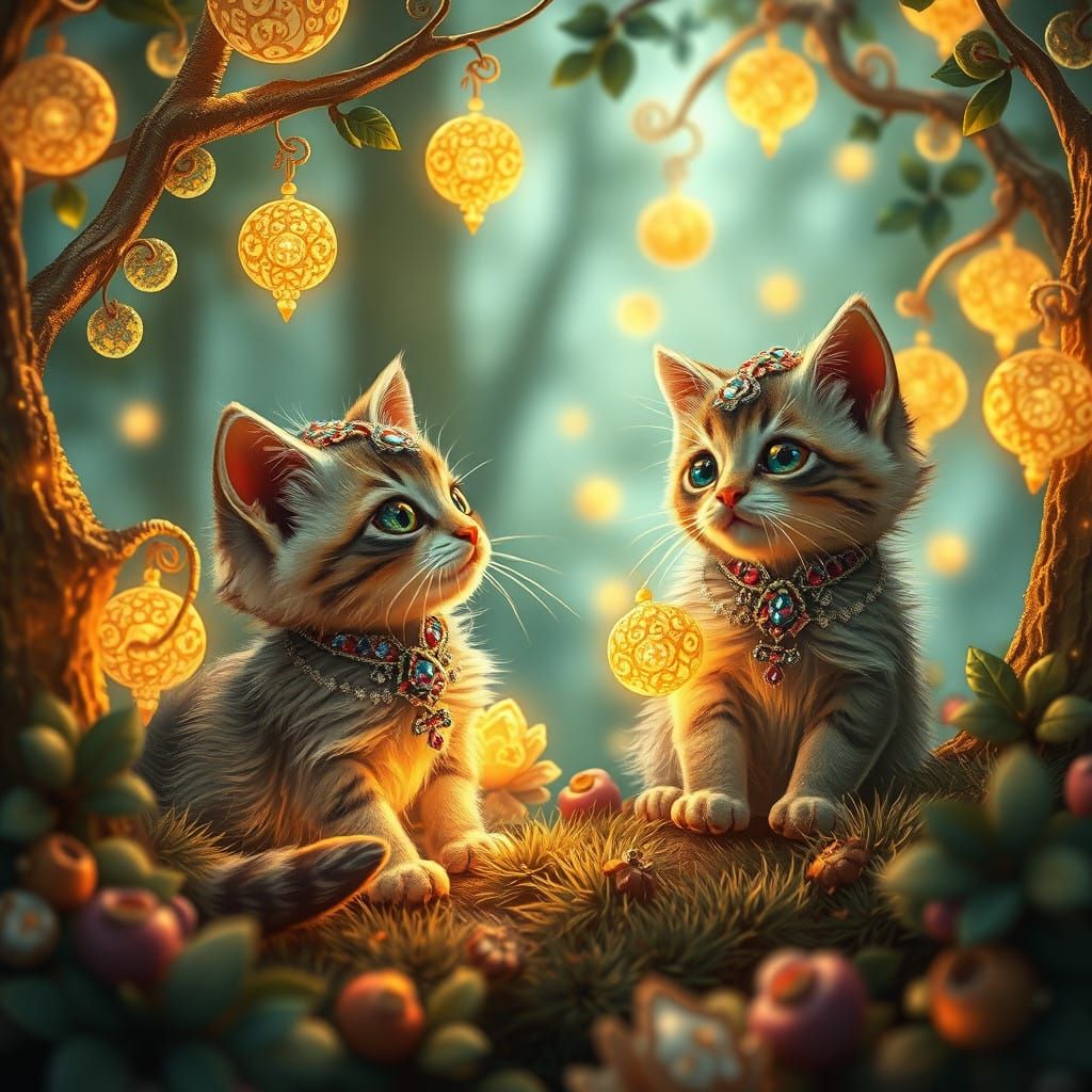 Whimsical Kittens in Bejeweled Attire in Enchanted Forest