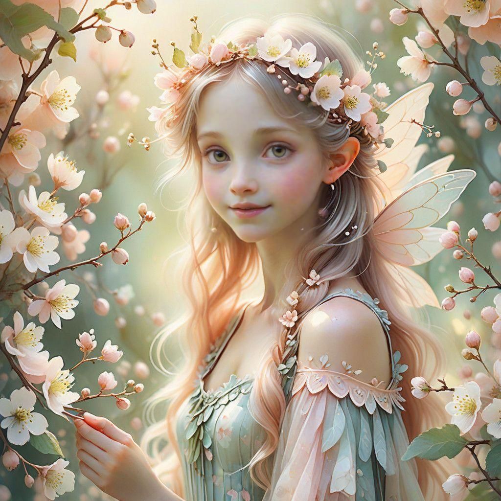 Whimsical Fairy in Blossoming Gooseberry Bush