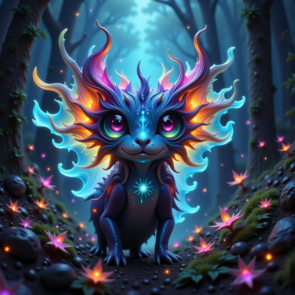 Fantastical Creature in Bioluminescent Forest Digital Painti...