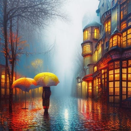 Magical Rainy Cityscape in Digital Painting Style