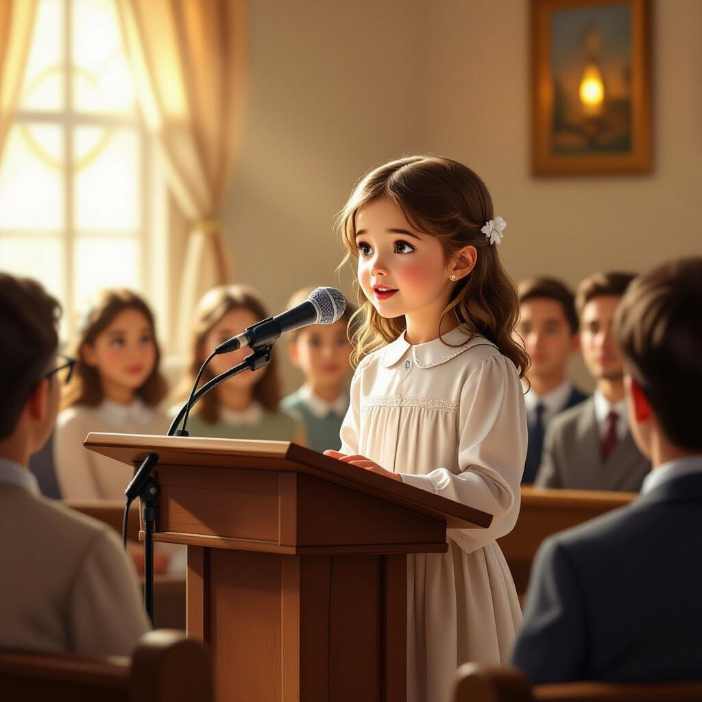 Confident Girl Speaking at Pulpit in Painterly Style