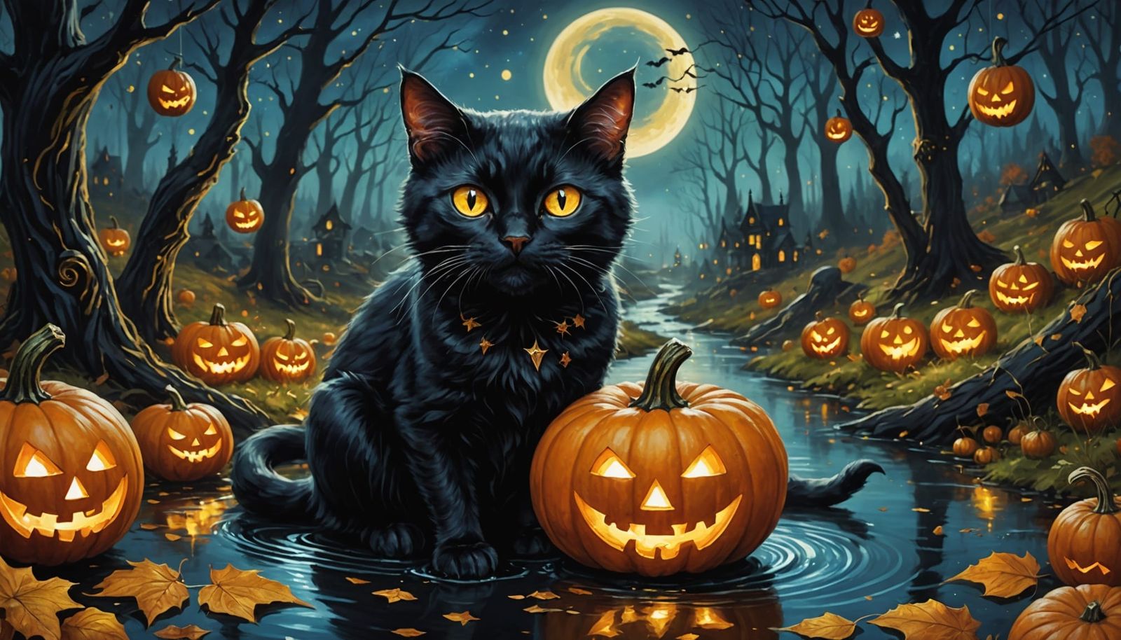 Demonic Halloween Cat in Forest Digital Painting