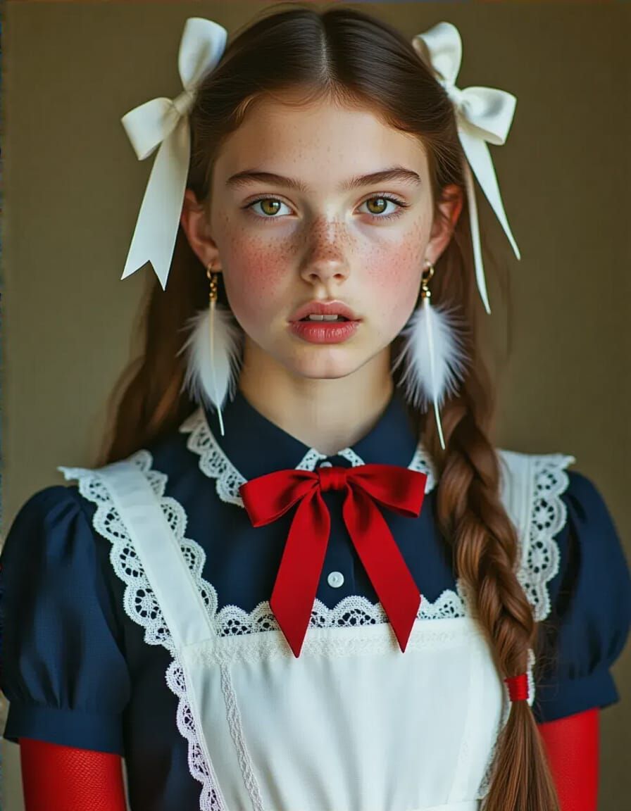 Schoolgirl Portrait with Lace Apron and Red Tie