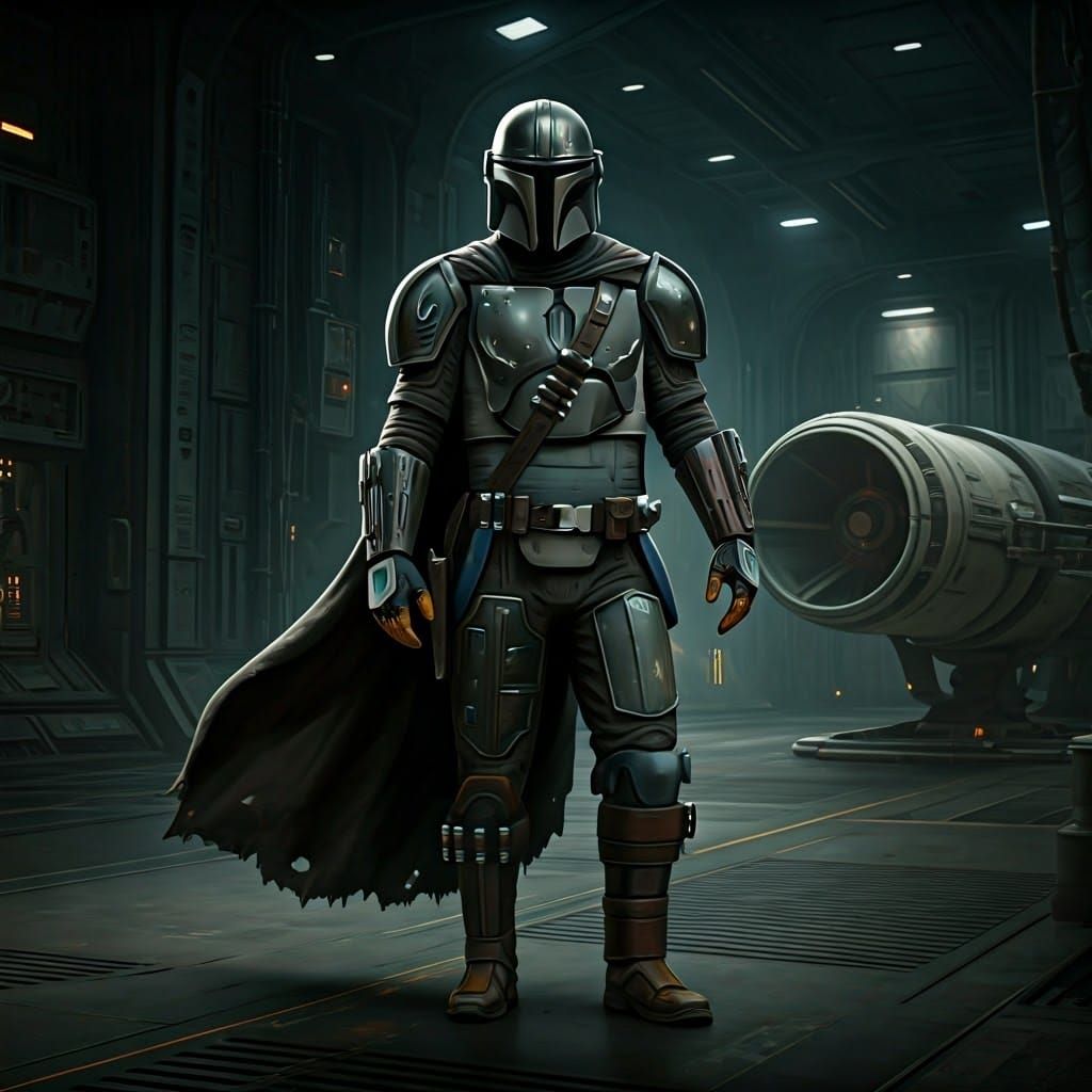 Mandalorian in Beskar Armor in Gritty Hangar
