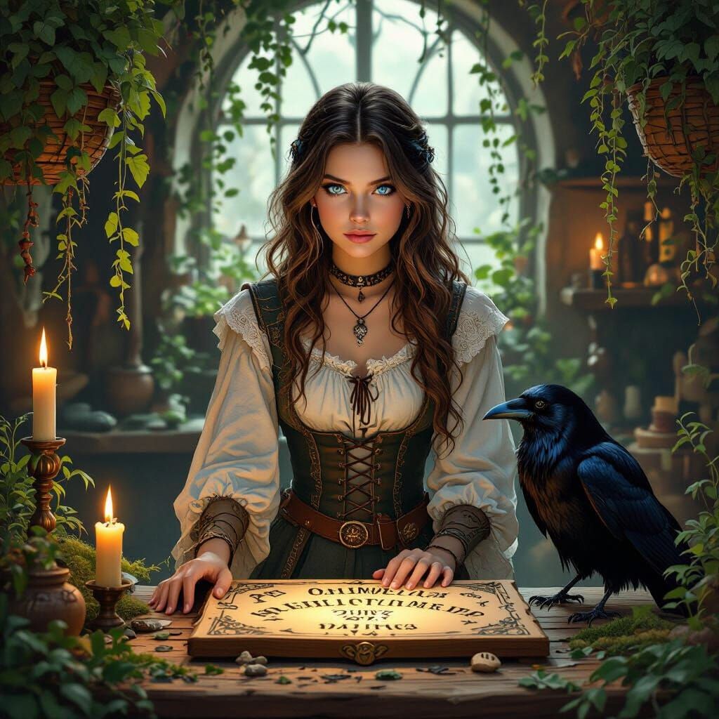 Mystical Witch in Candlelit Greenhouse Room