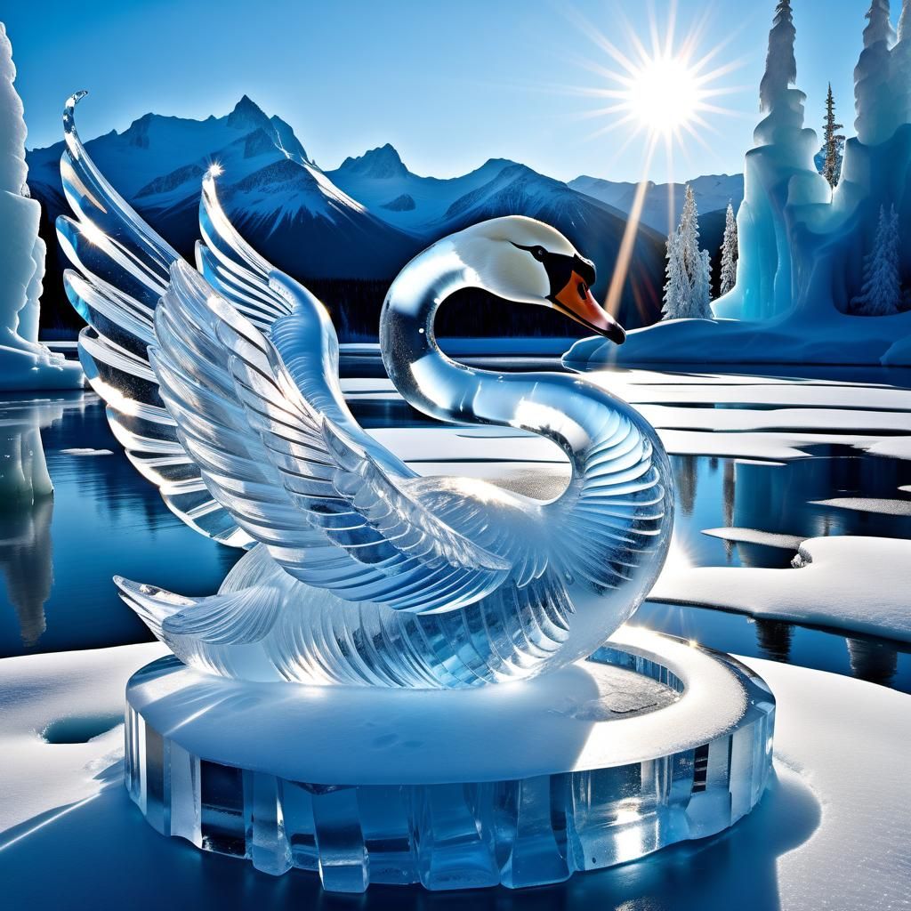Photorealistic final render of an ice swan made entirely of ice jumping ice sculpture, clear ice, epic ice sculpture, gl...
