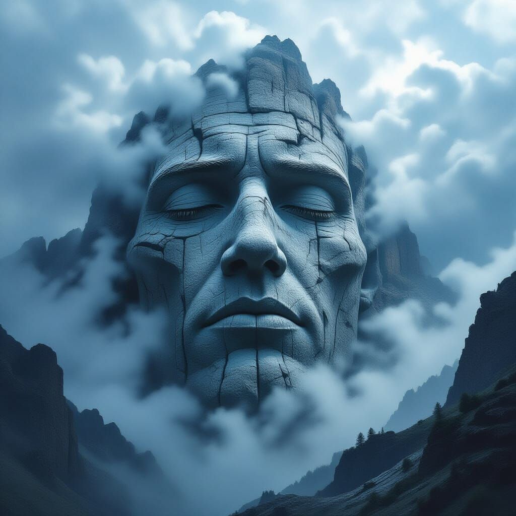 Colossal Mountain Face Carved by Time and Mist