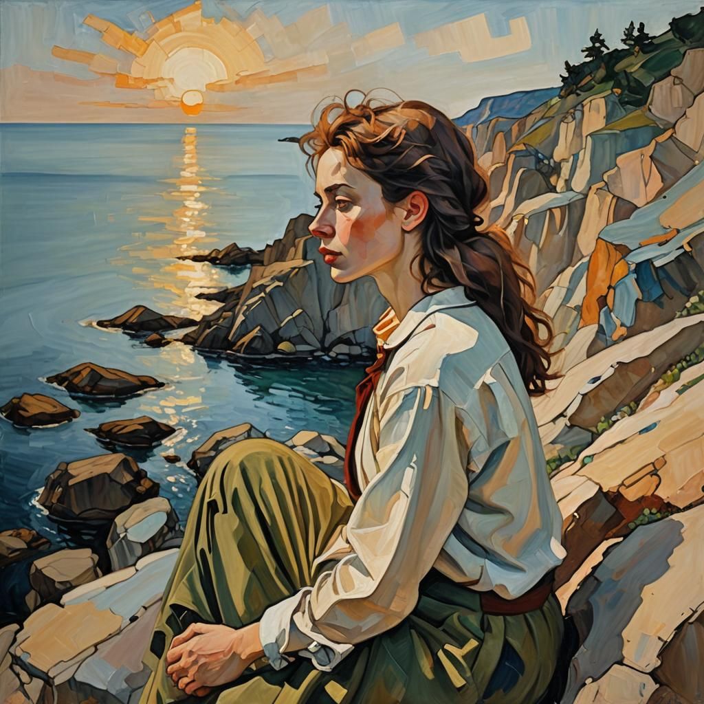 Young Woman by the Sea in Expressionist Oil