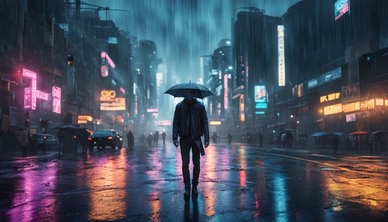 Cyberpunk Protagonist in Rainy City Streets