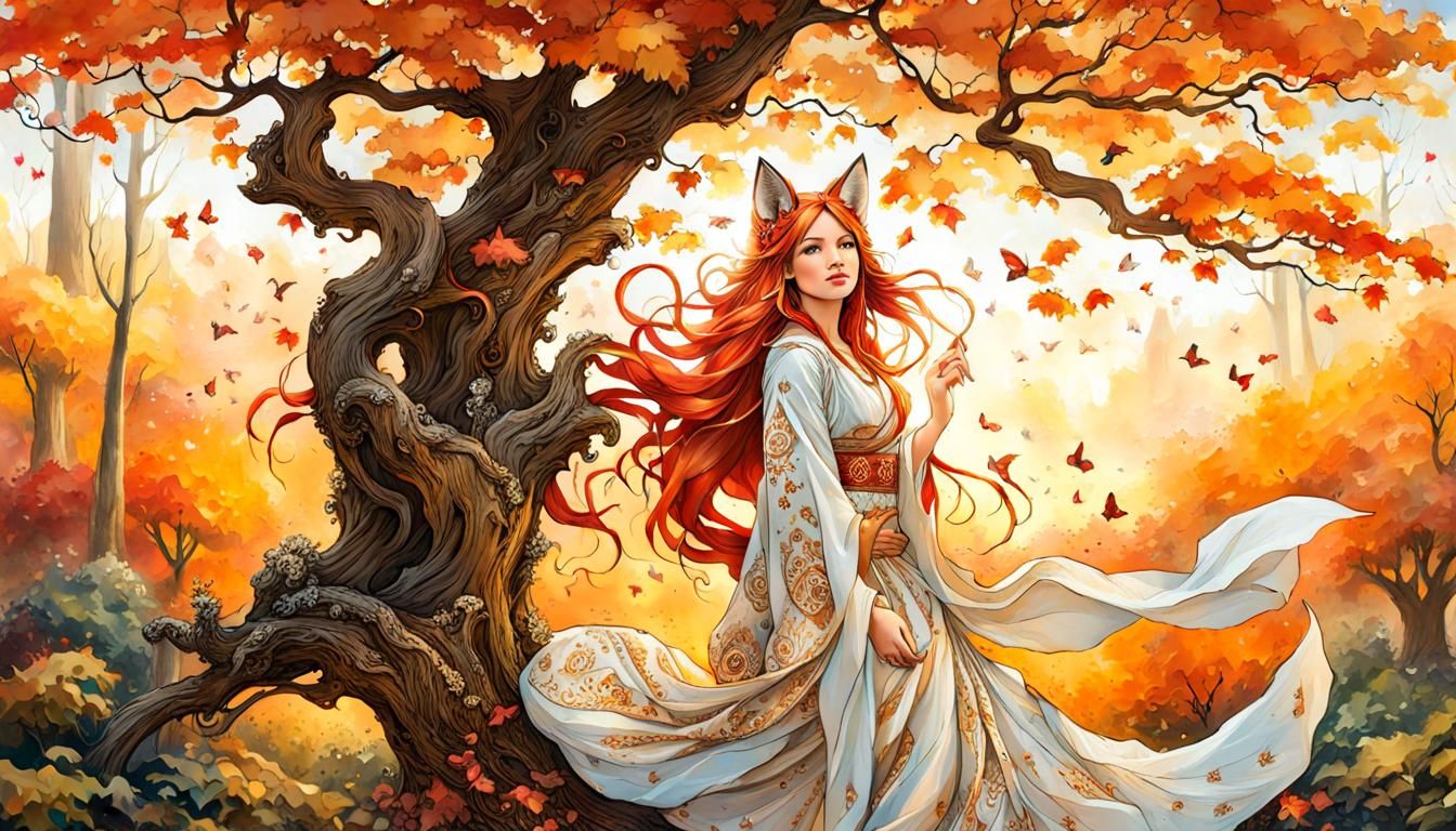 Kitsune Girl in Golden Forest: Detailed Fantasy Art