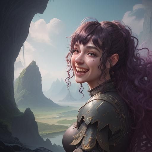 Laughing Woman in Fantasy Landscape, Digital Art
