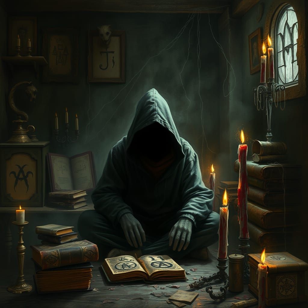 In a dimly lit, foreboding chamber, worn, moss-covered stone walls bear the weight of ancient, yellowed tomes, their cra...