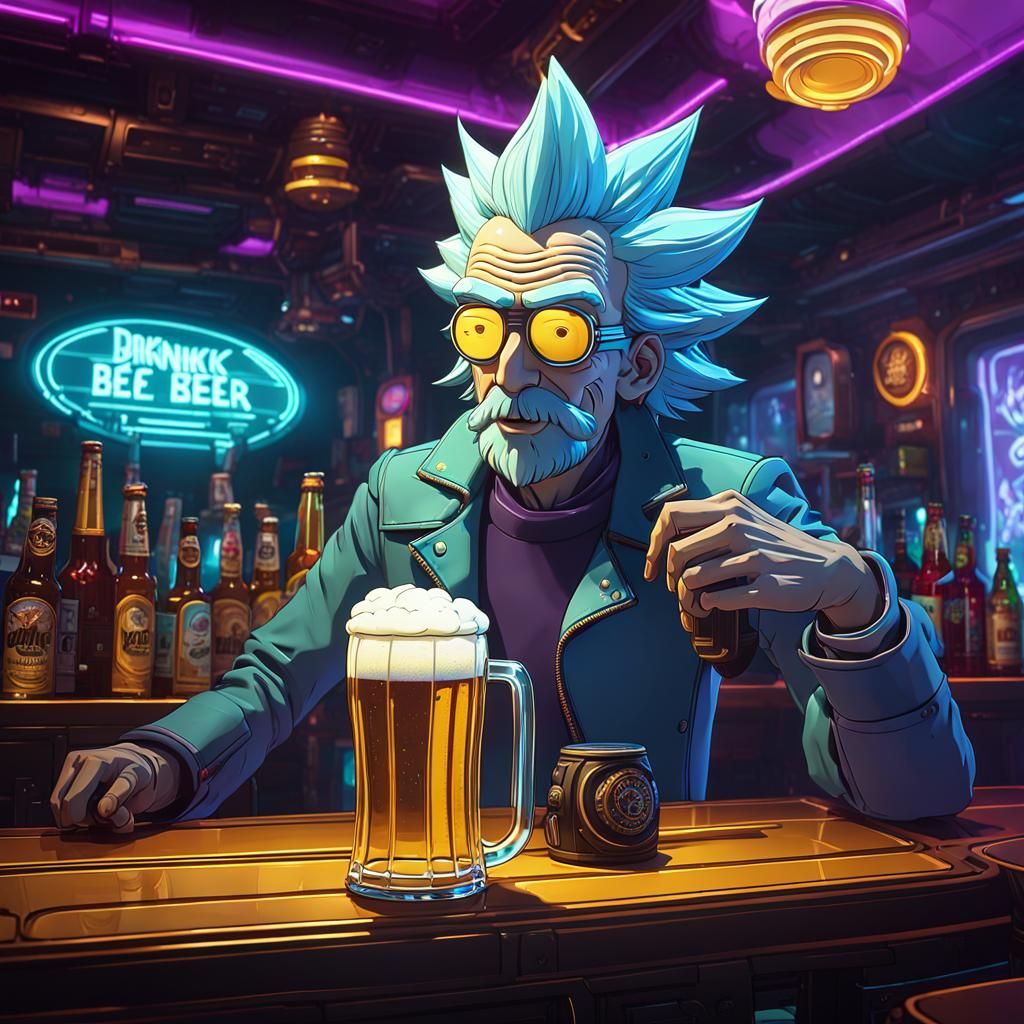 Rick Sanchez in Futuristic Heavy Metal Pub, 8K