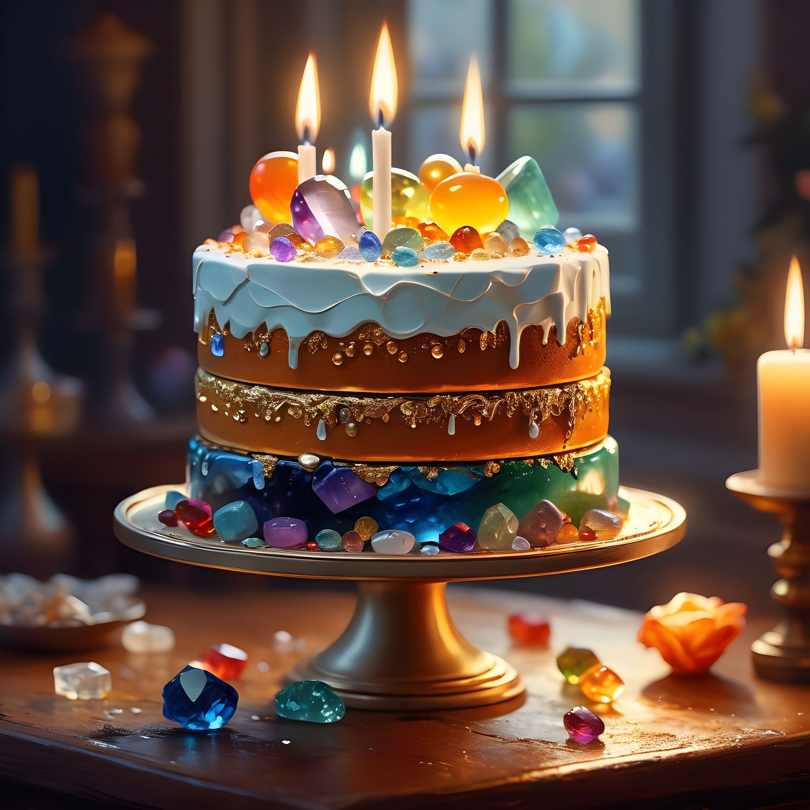 Gemstone Birthday Cake Oil Painting in Hyperrealism Style
