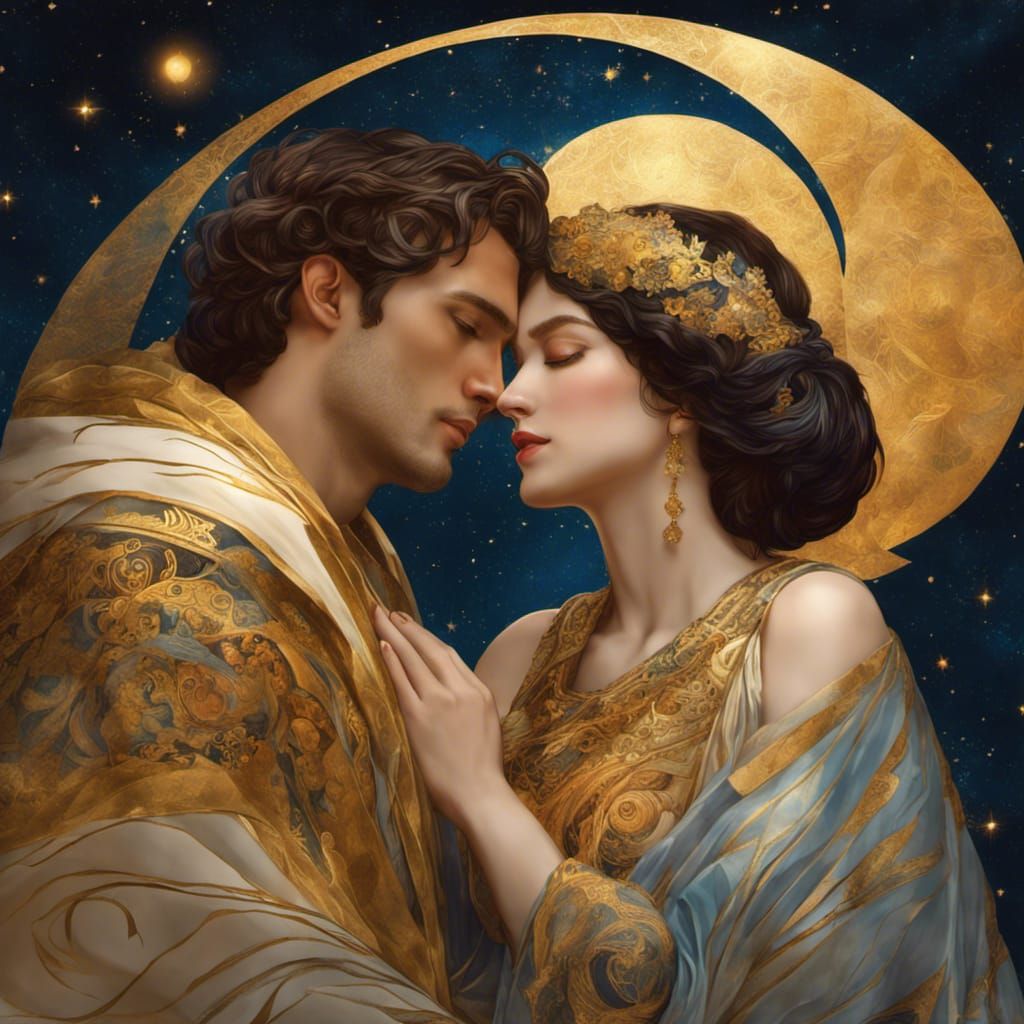 Golden Embrace Under the Stars in Art Nouveau Style
