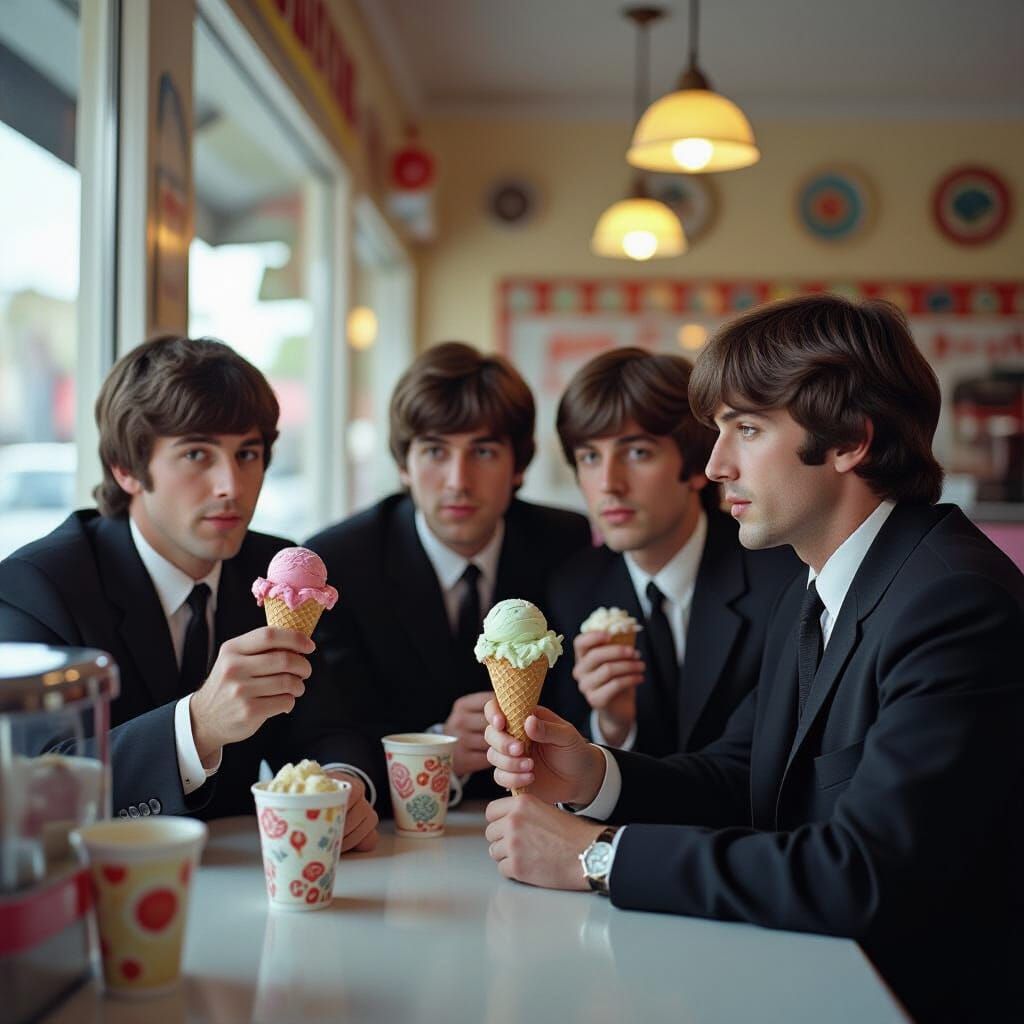 The Beatles in 1960s Style Ordering Ice Cream