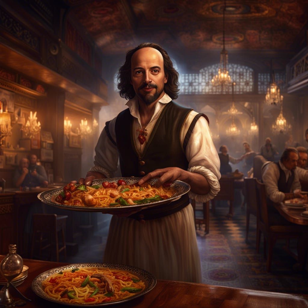Shakespeare as Waiter: Hyperrealistic High Fantasy Portrait