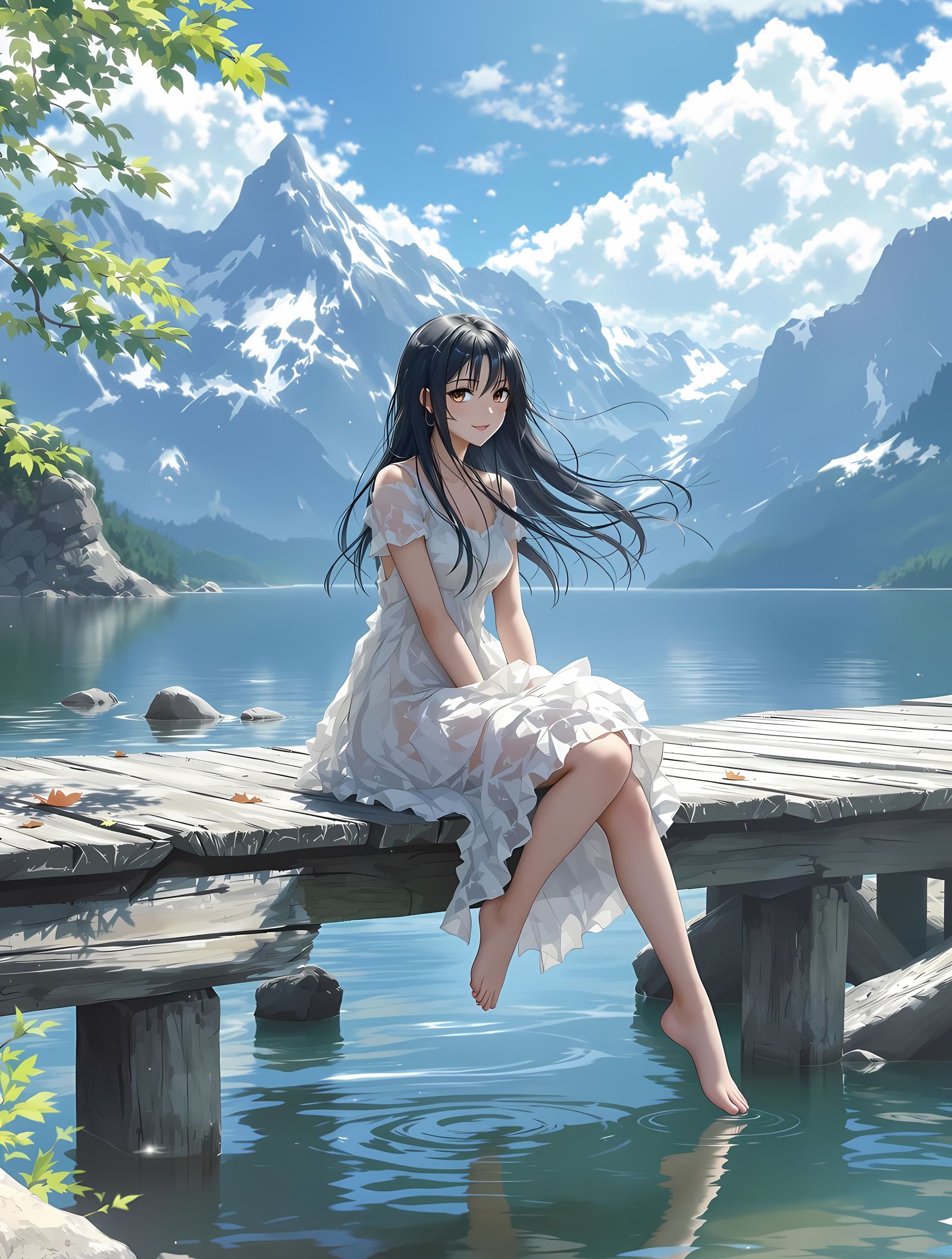 Young Woman in Serene Lake Landscape, Anime Style