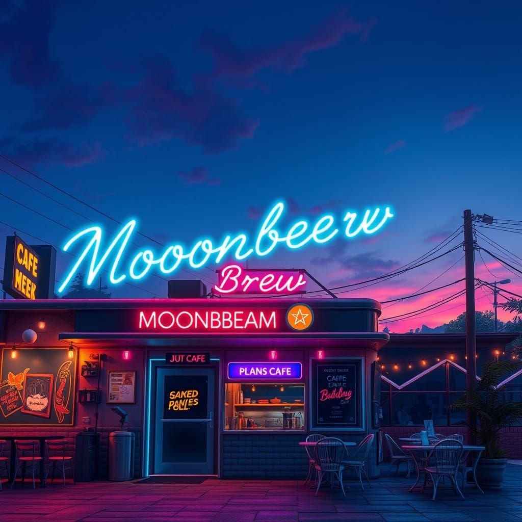 Surreal Futuristic Cafe at Dusk in Neon Colors