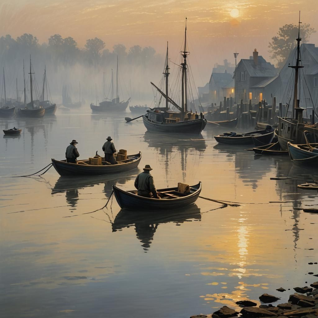 Weary fisherman with weathered faces, on small wooden boats,...
